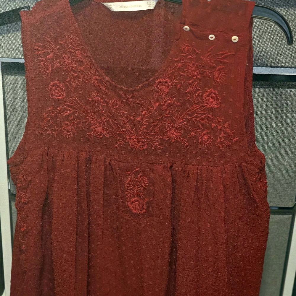 Zara Red Embroidered Sleeveless Blouse